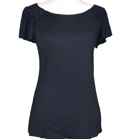 Banana Republic Pleated Neckline Flutter Sleeve BlackTop Sz Medium - Picture 1 of 7